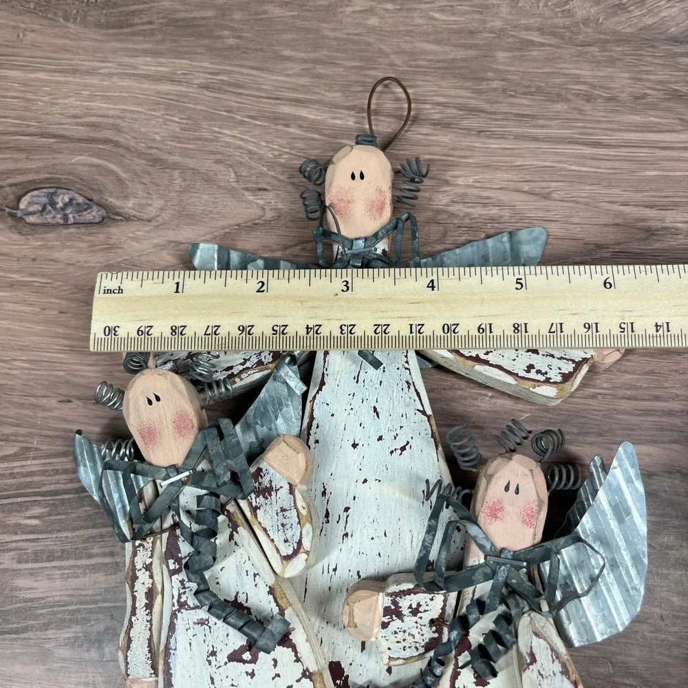 Handmade Primitive Angel Trio Wall Hanging White Distressed Wood Metal Wings